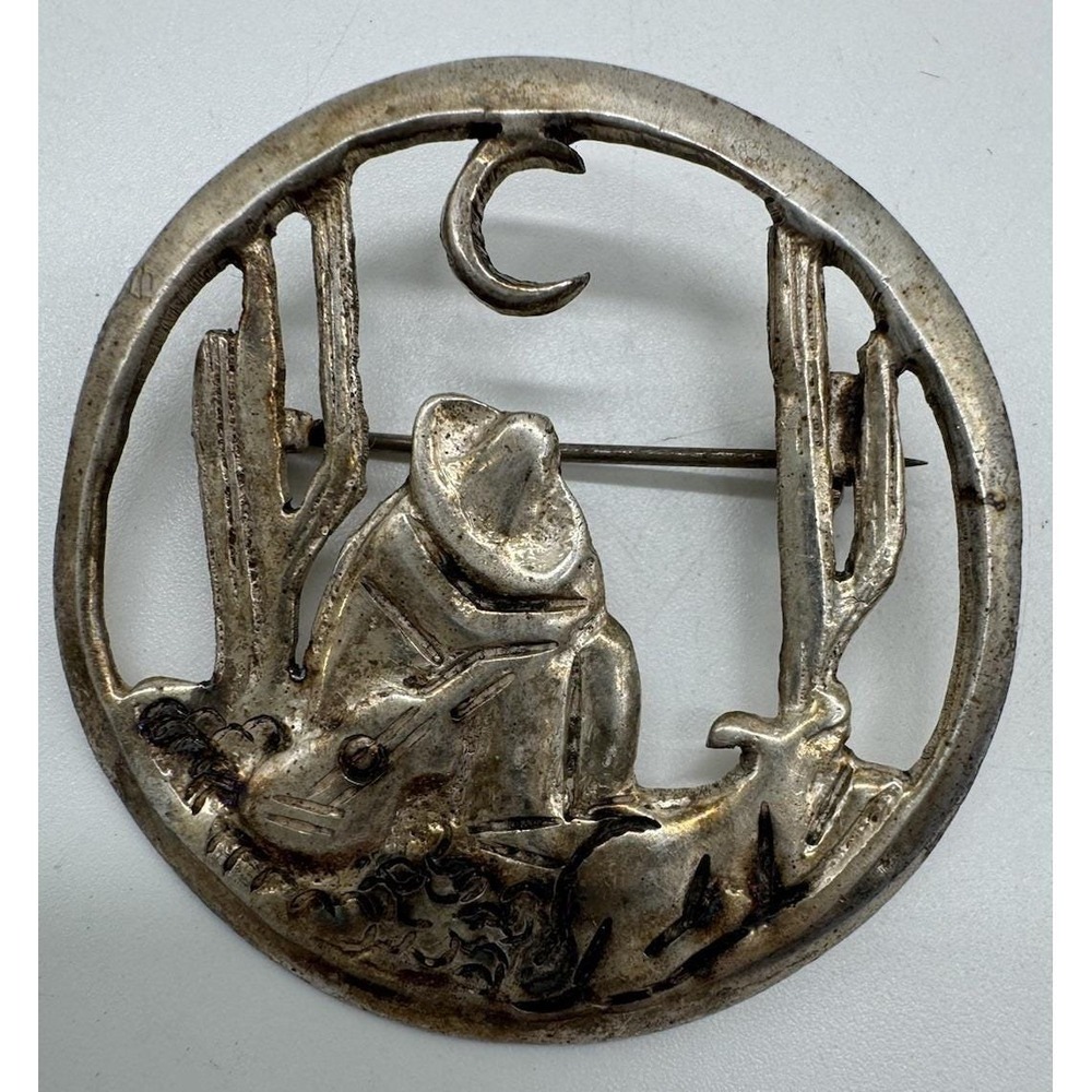 Vintage Taxco‎ Sterling Silver Western Style Sleeping Man With Guitar Brooch